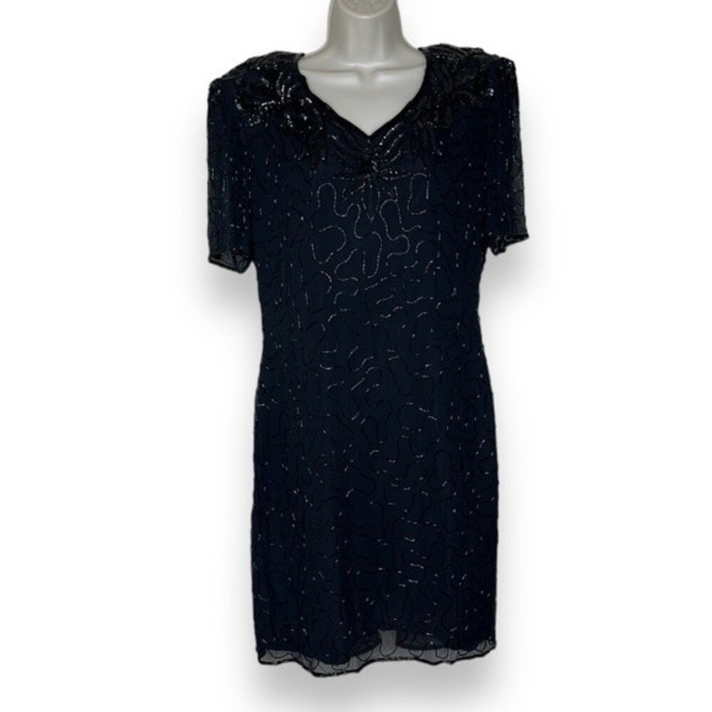 Vintage Silky Nites New York Black Beaded Sequined Pure Silk Dress Women XL P